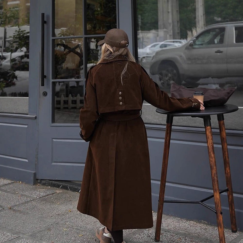 Women's Maxi Length Trench Coat in Velour Look with Double-Breasted Button Placket and Oversized Cut Chichicherry - Chichicherry