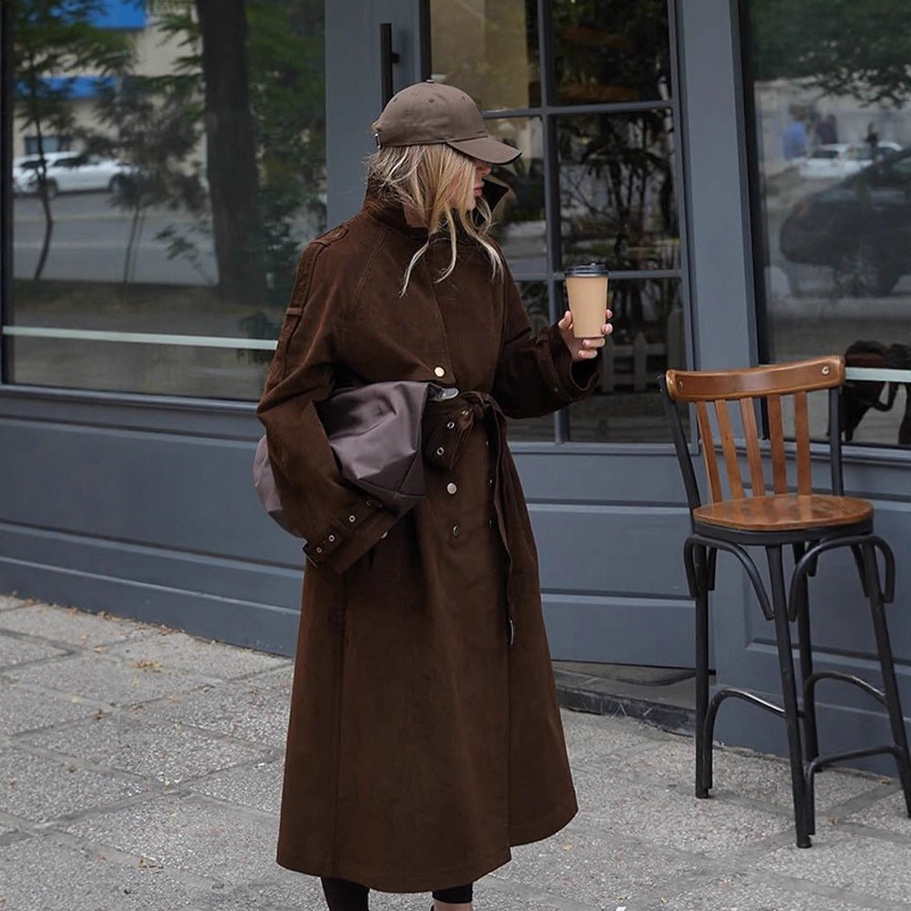 Women's Maxi Length Trench Coat in Velour Look with Double-Breasted Button Placket and Oversized Cut Chichicherry - Chichicherry