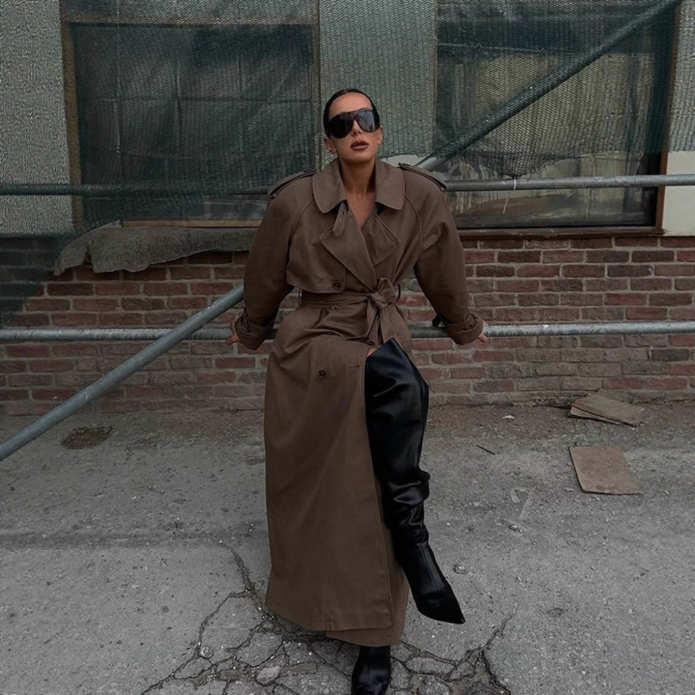 Women's Maxi Length Trench Coat with Emphasized Shoulder Section, Double Button Placket and Tie Belt Chichicherry - Chichicherry