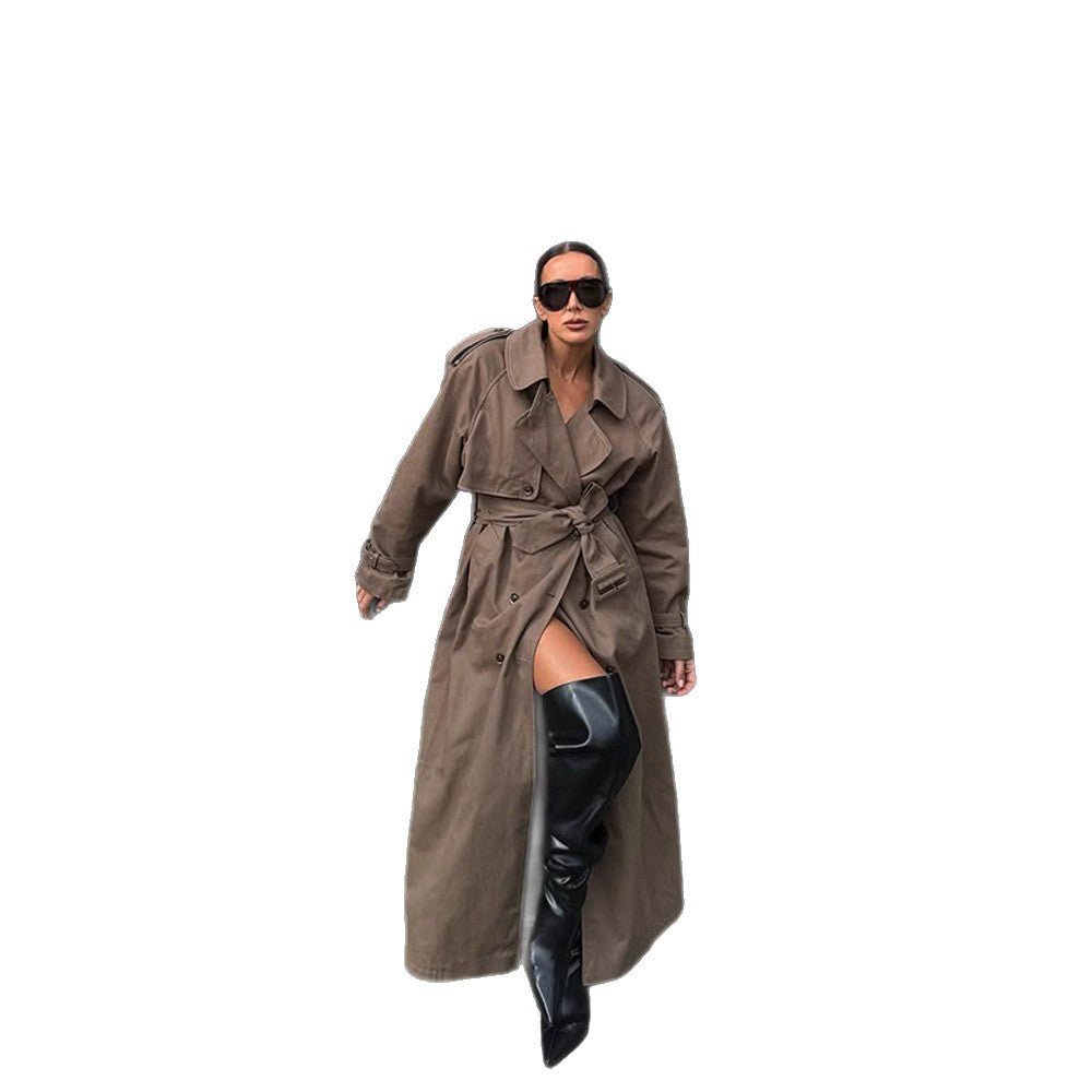 Women's Maxi Length Trench Coat with Emphasized Shoulder Section, Double Button Placket and Tie Belt Chichicherry - Chichicherry