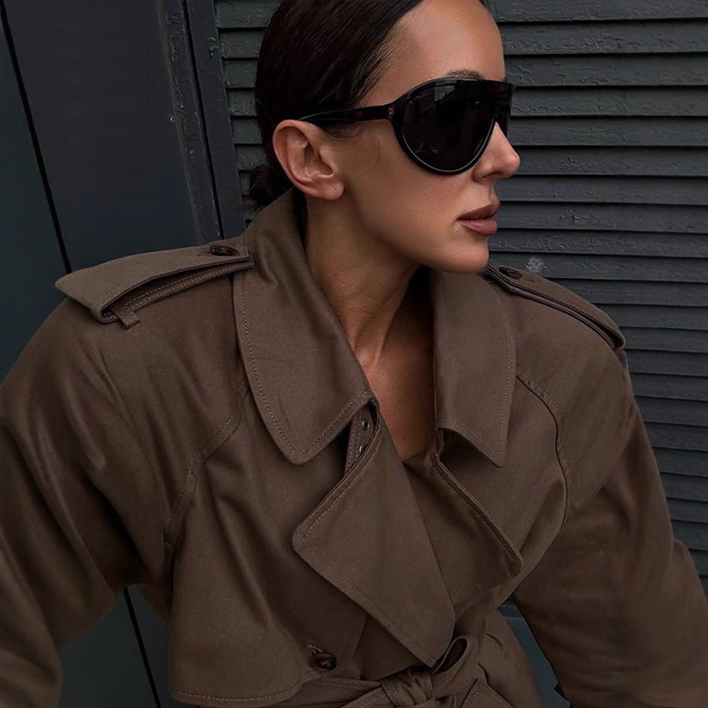 Women's Maxi Length Trench Coat with Emphasized Shoulder Section, Double Button Placket and Tie Belt Chichicherry - Chichicherry