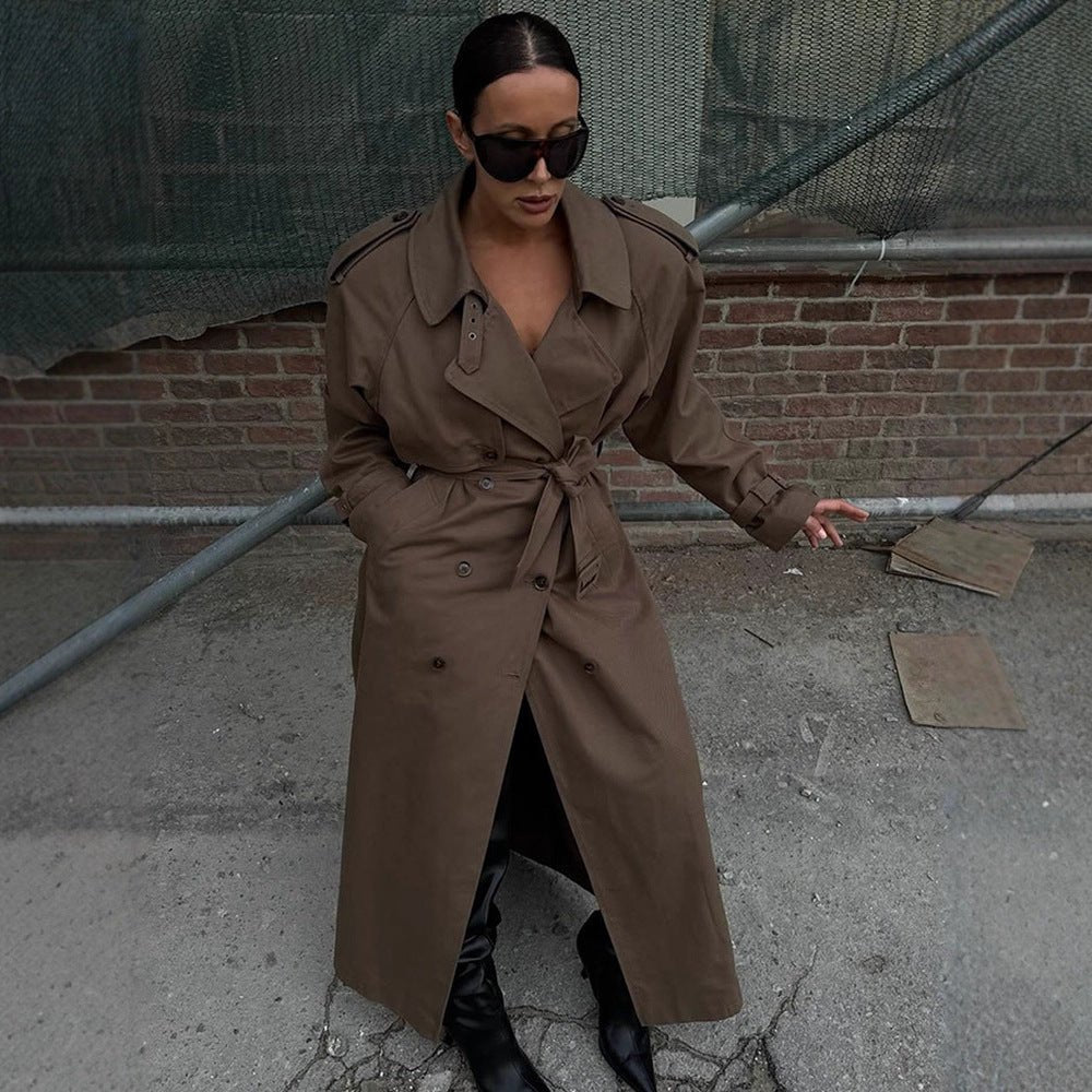 Women's Maxi Length Trench Coat with Emphasized Shoulder Section, Double Button Placket and Tie Belt Chichicherry - Chichicherry
