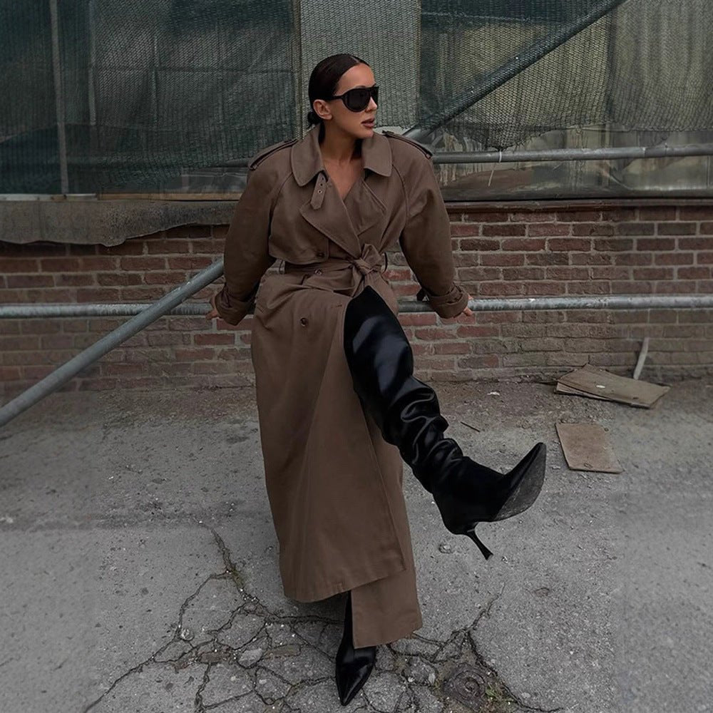 Women's Maxi Length Trench Coat with Emphasized Shoulder Section, Double Button Placket and Tie Belt Chichicherry - Chichicherry