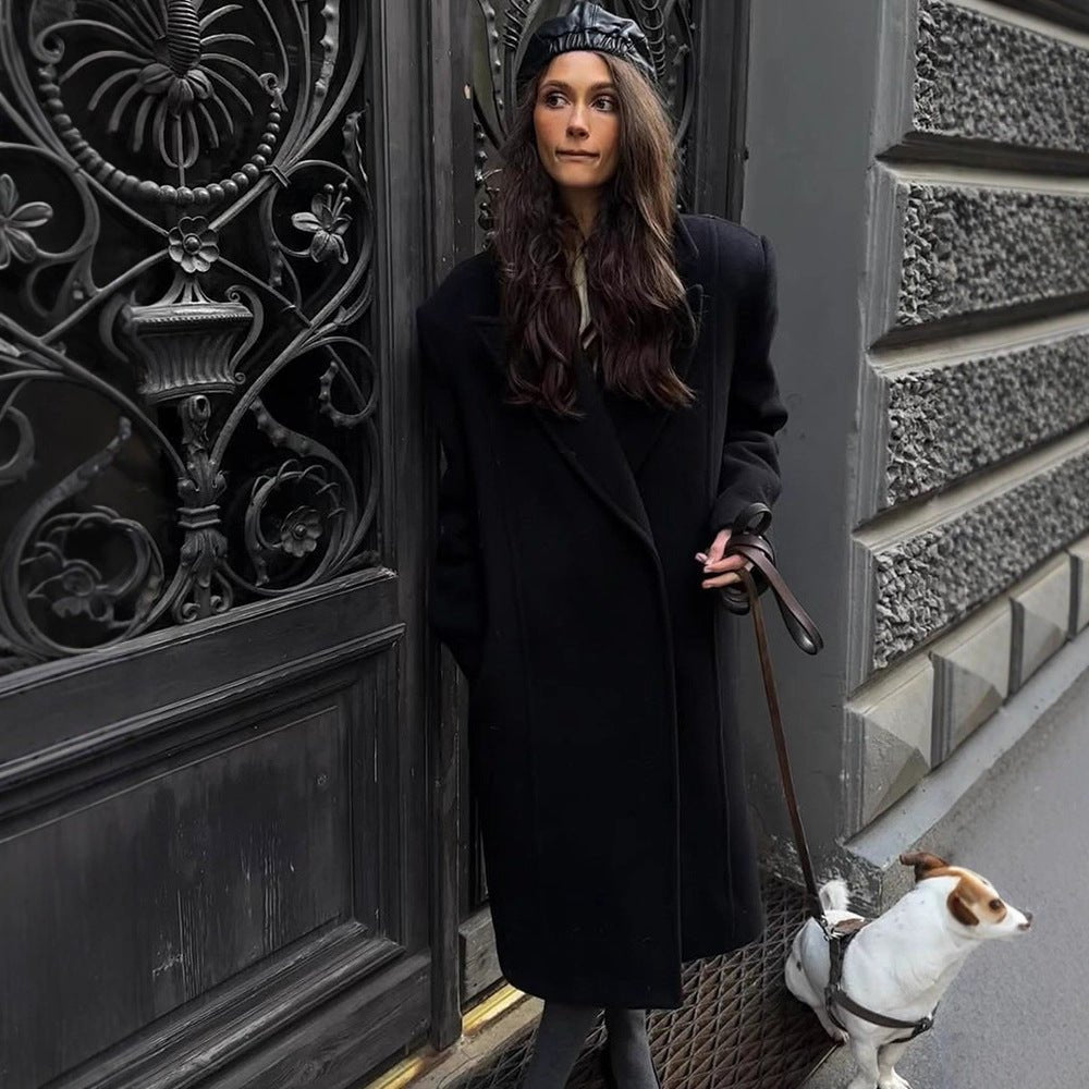 Women's Maxi Length Wool Blend Coat in Oversized Cocoon Cut with Distinctive Shoulder Line Chichicherry - Chichicherry