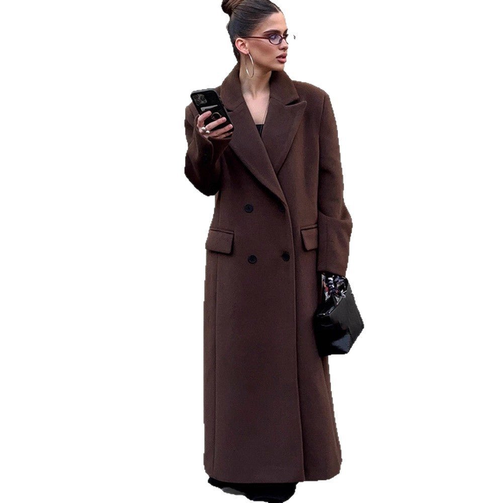 Women's Maxi-Length Wool Blend Coat with Boxy Oversized Silhouette and Distinctive Shoulders Chichicherry - Chichicherry