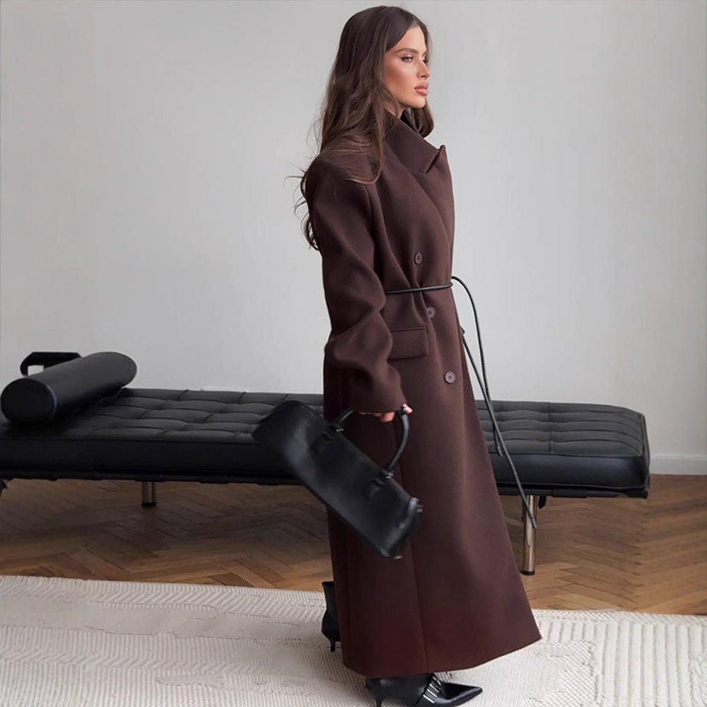 Women's Maxi-Length Wool Blend Coat with Boxy Oversized Silhouette and Distinctive Shoulders Chichicherry - Chichicherry