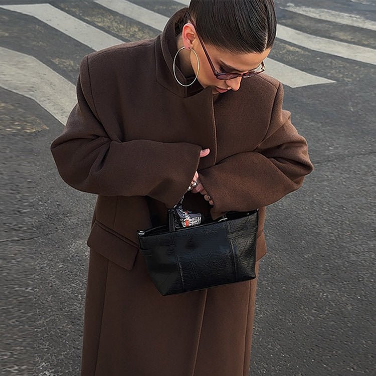 Women's Maxi-Length Wool Blend Coat with Boxy Oversized Silhouette and Distinctive Shoulders Chichicherry - Chichicherry