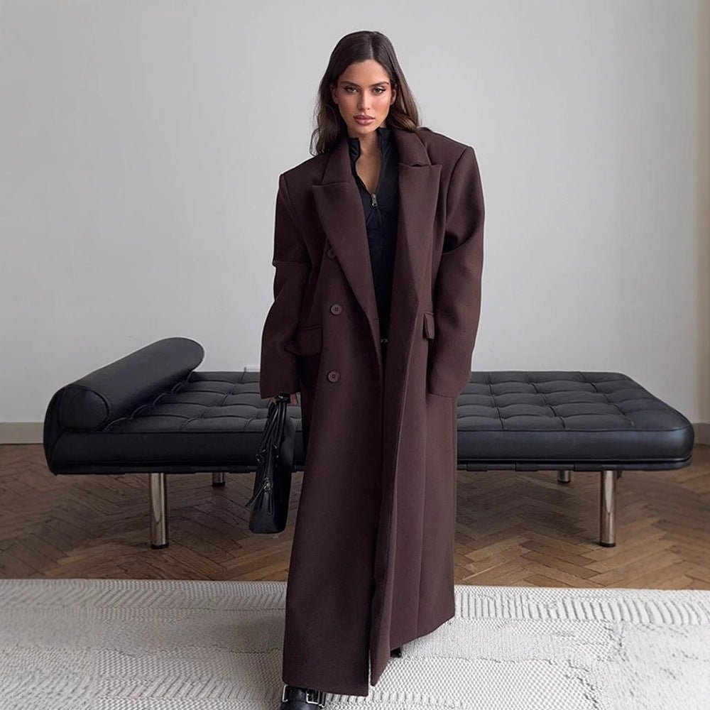 Women's Maxi-Length Wool Blend Coat with Boxy Oversized Silhouette and Distinctive Shoulders Chichicherry - Chichicherry