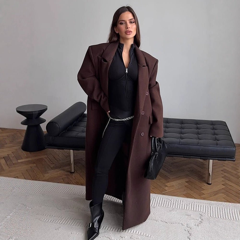 Women's Maxi-Length Wool Blend Coat with Boxy Oversized Silhouette and Distinctive Shoulders Chichicherry - Chichicherry