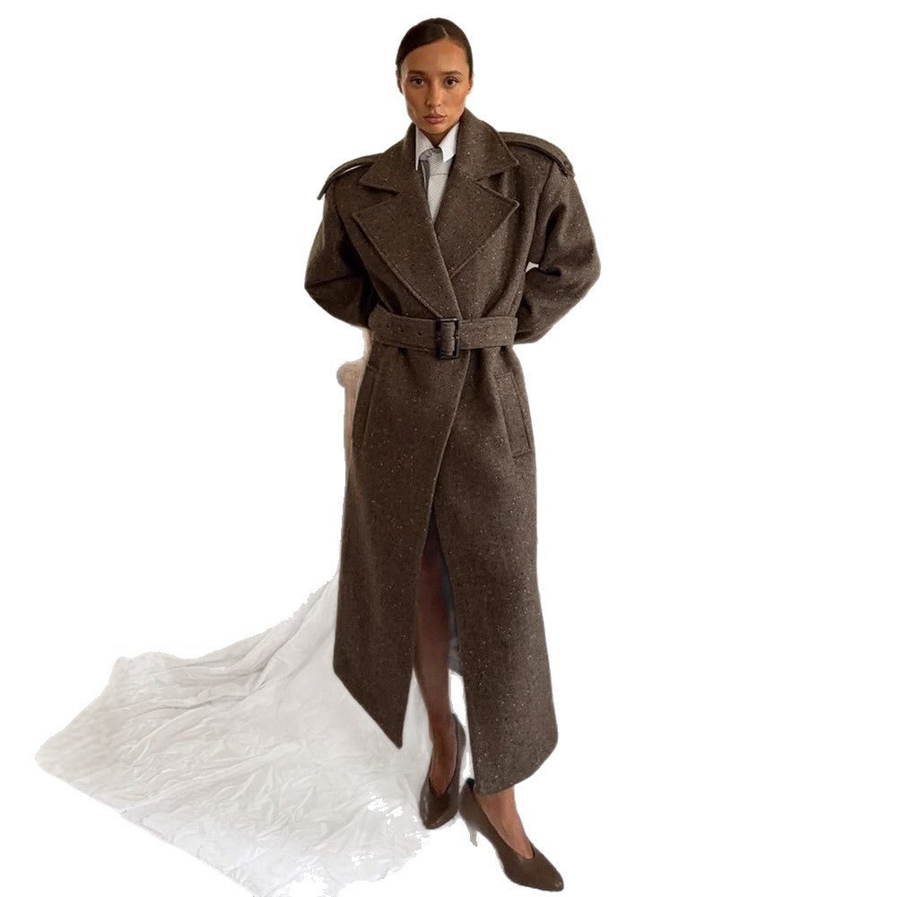 Women's Maxi-Length Wool Cocoon Coat with Emphasized Shoulder Section and Waist Belt Chichicherry - Chichicherry