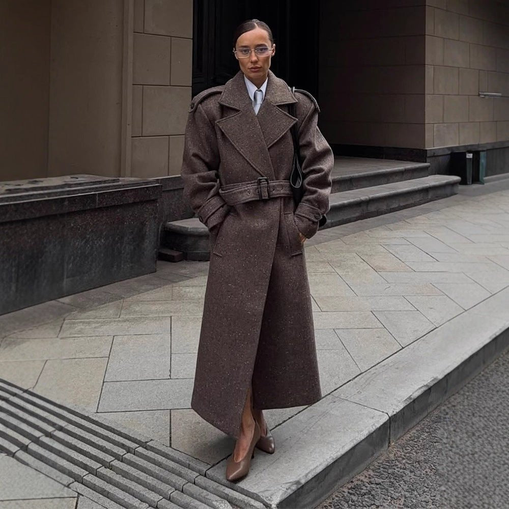 Women's Maxi-Length Wool Cocoon Coat with Emphasized Shoulder Section and Waist Belt Chichicherry - Chichicherry