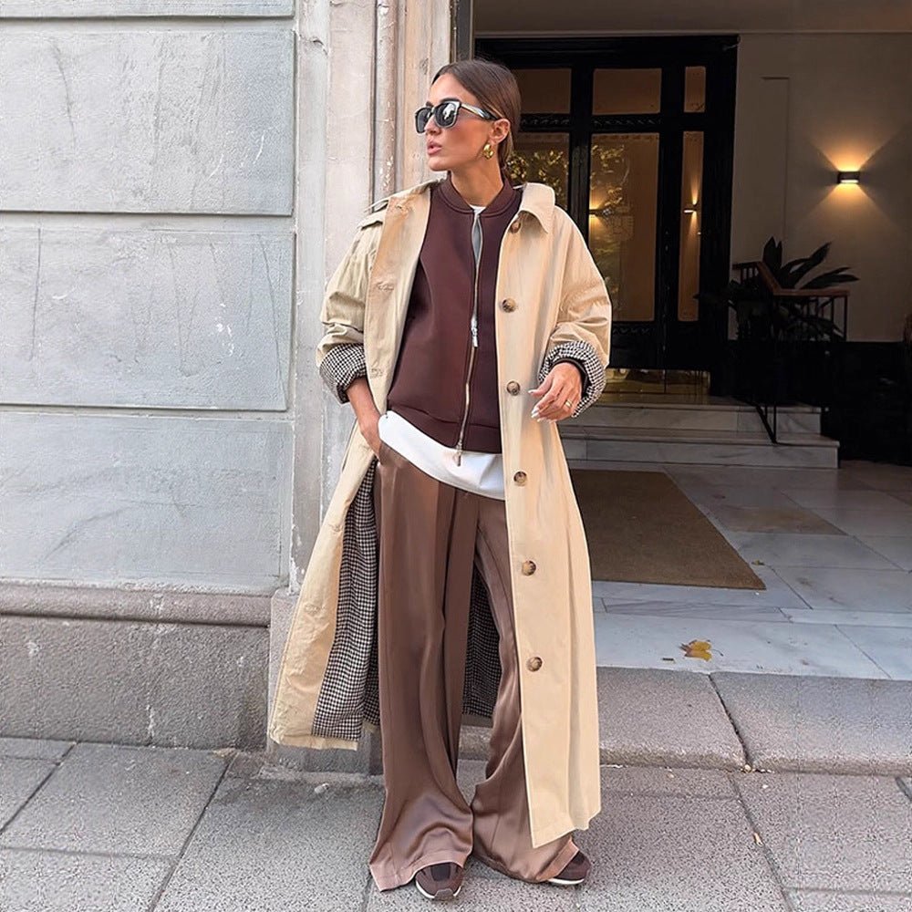 Women's Maxi Long Trench Coat with Check Lining, Wide Fall & Classic Button Placket Chichicherry - Chichicherry
