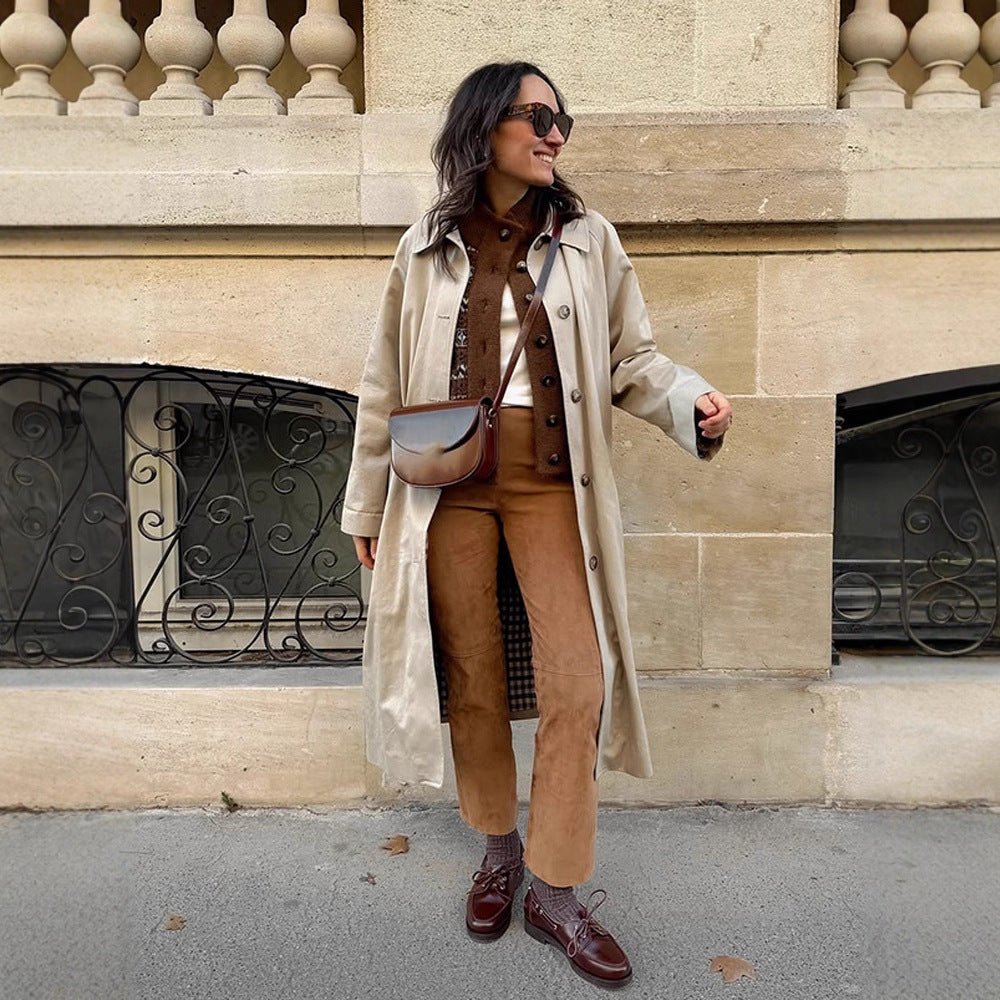 Women's Maxi Long Trench Coat with Check Lining, Wide Fall & Classic Button Placket Chichicherry - Chichicherry