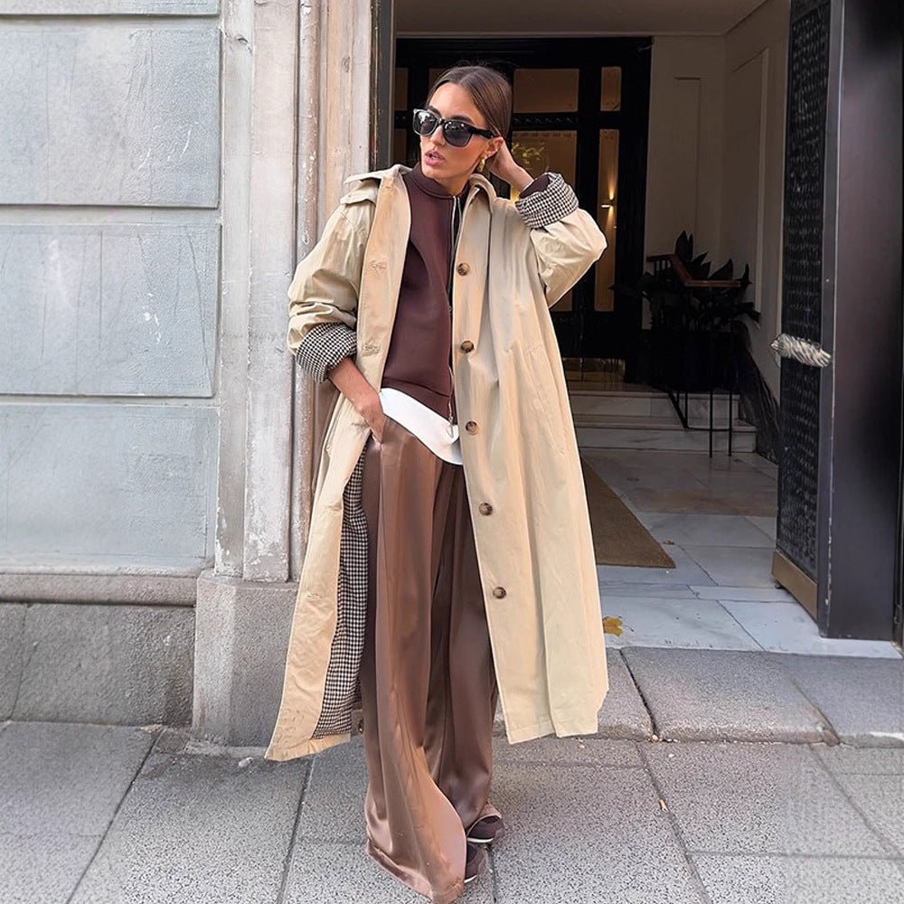 Women's Maxi Long Trench Coat with Check Lining, Wide Fall & Classic Button Placket Chichicherry - Chichicherry