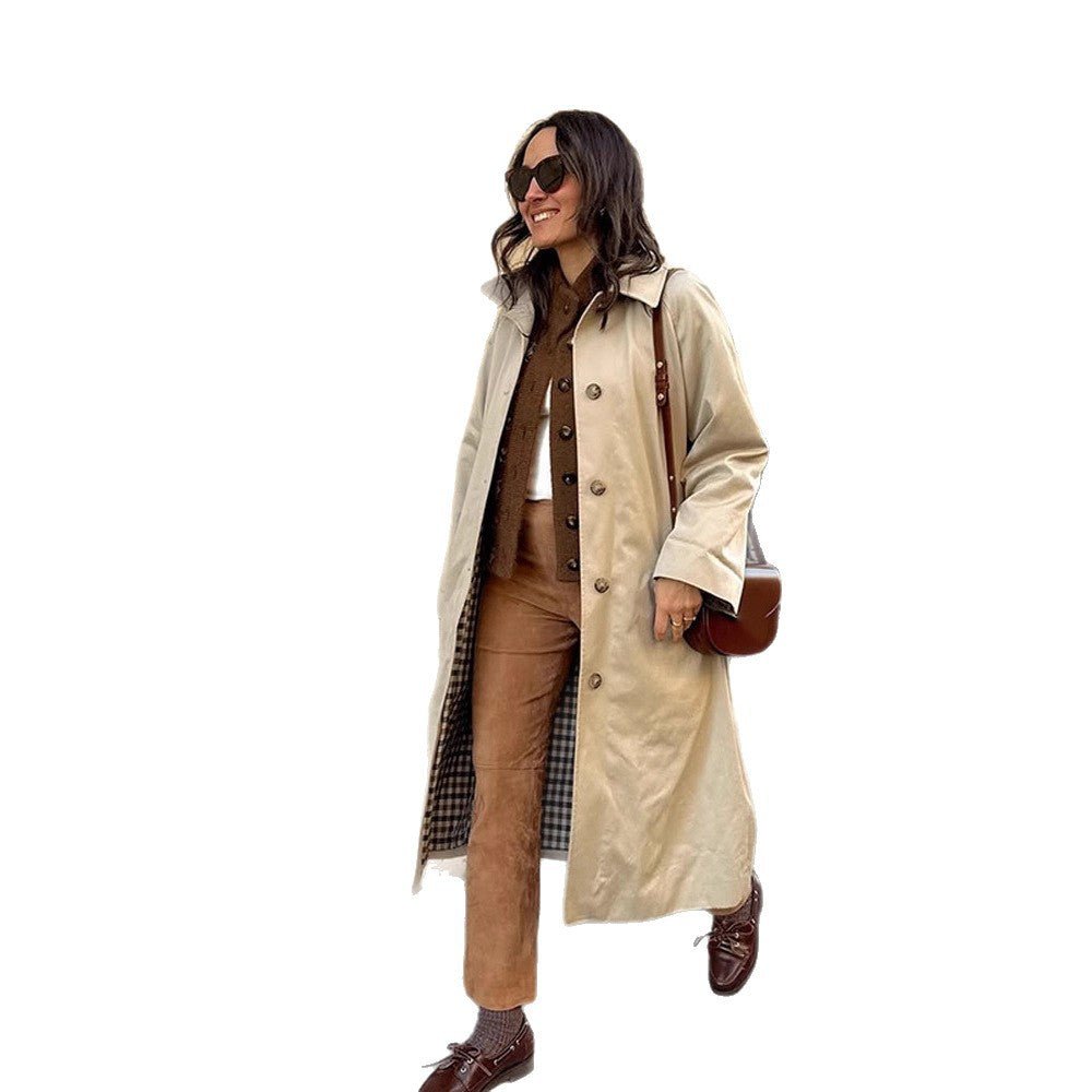 Women's Maxi Long Trench Coat with Check Lining, Wide Fall & Classic Button Placket Chichicherry - Chichicherry