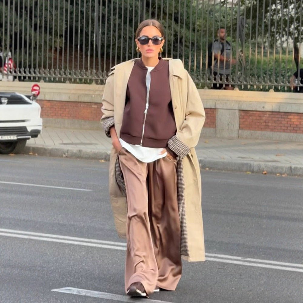 Women's Maxi Long Trench Coat with Check Lining, Wide Fall & Classic Button Placket Chichicherry - Chichicherry