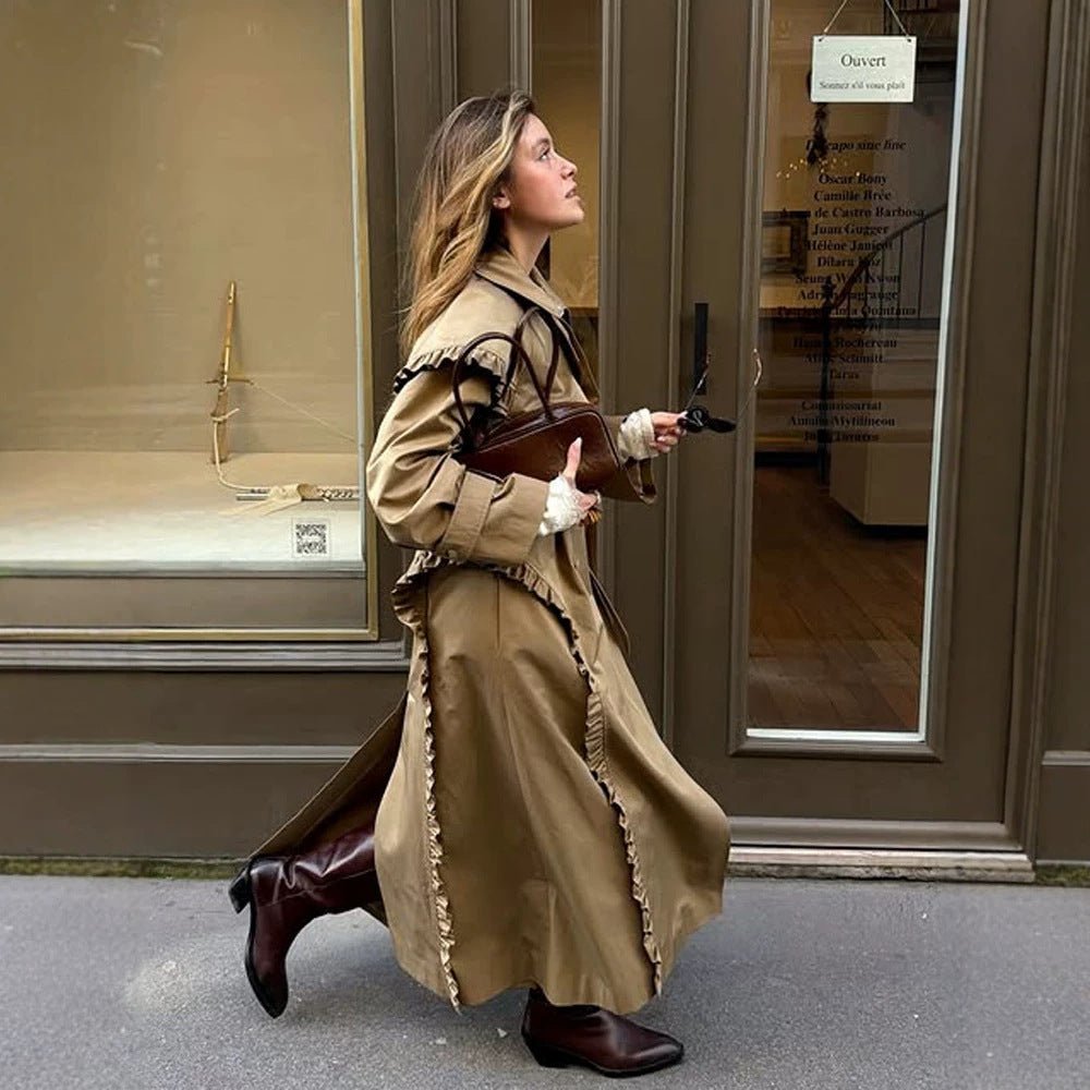 Women's maxi long trench coat with flounce shoulder cape and adjustable cuffs Chichicherry - Chichicherry