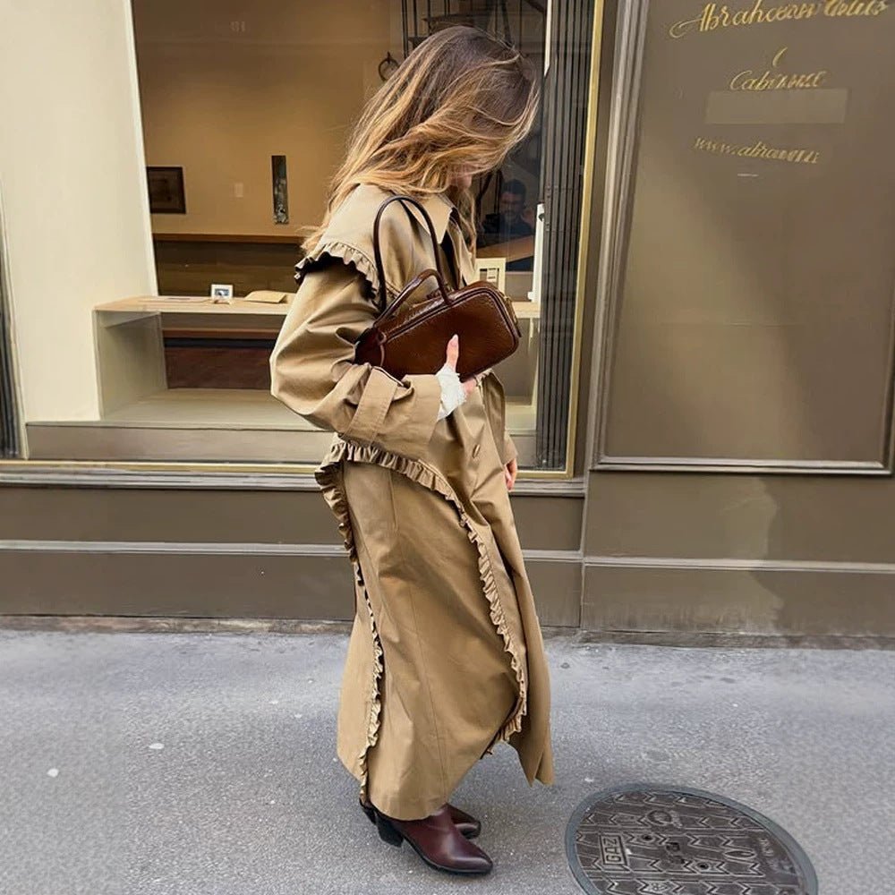 Women's maxi long trench coat with flounce shoulder cape and adjustable cuffs Chichicherry - Chichicherry