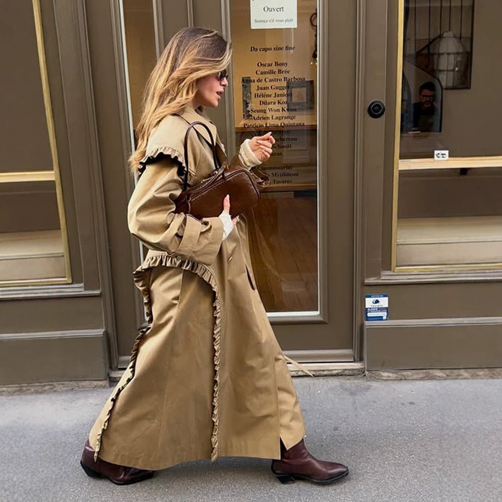 Women's maxi long trench coat with flounce shoulder cape and adjustable cuffs Chichicherry - Chichicherry