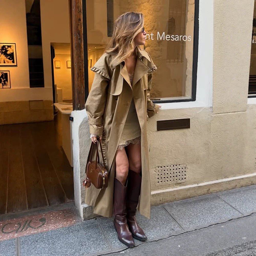Women's maxi long trench coat with flounce shoulder cape and adjustable cuffs Chichicherry - Chichicherry