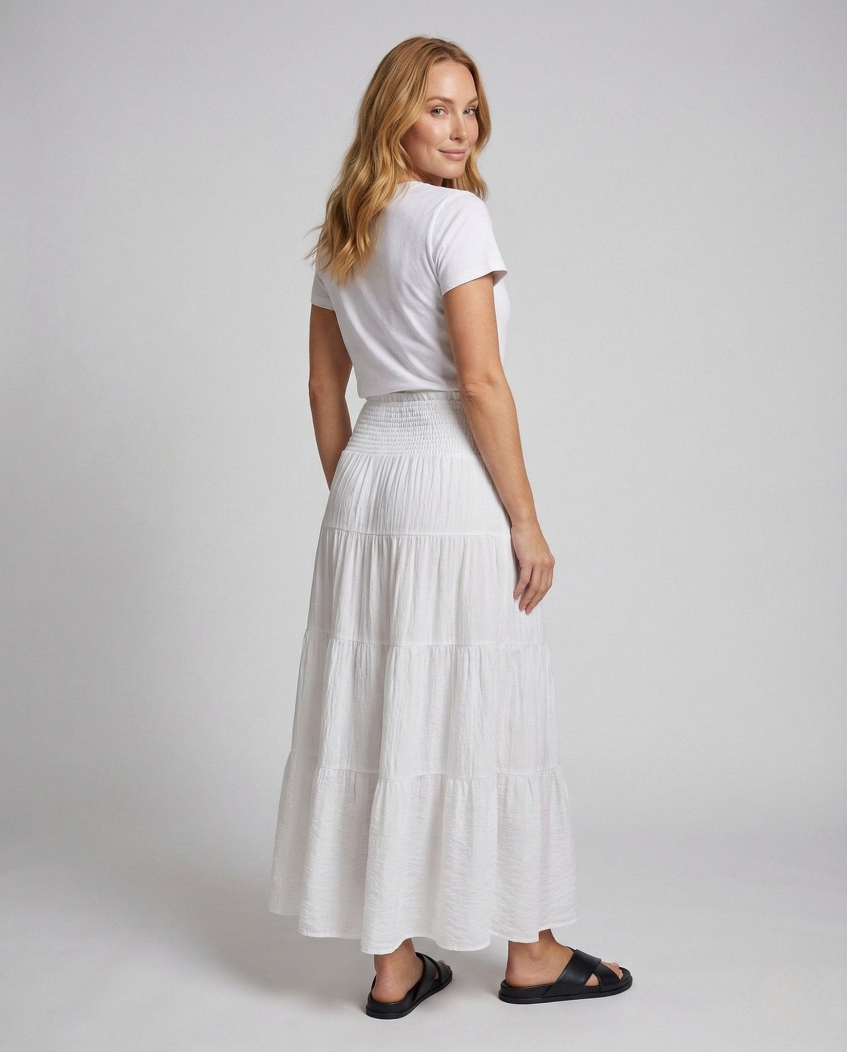 Women's Maxi Skirt Crepe Tiered Ruffle Elastic Waistband - Chichicherry