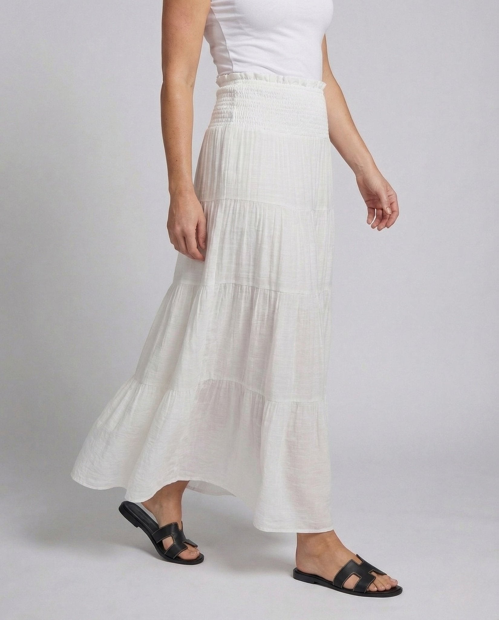 Women's Maxi Skirt Crepe Tiered Ruffle Elastic Waistband - Chichicherry