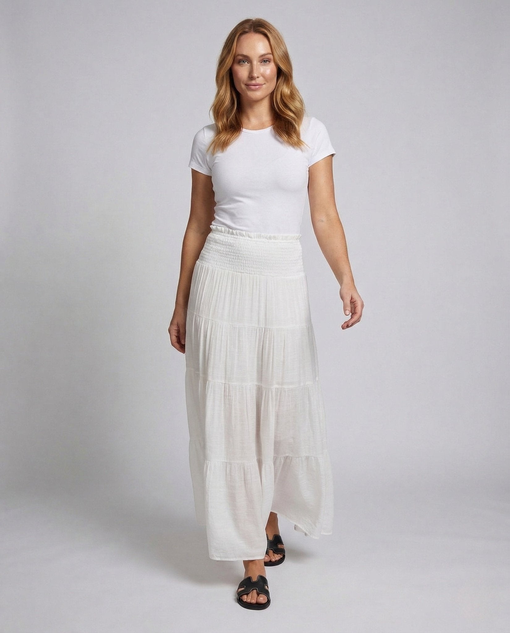 Women's Maxi Skirt Crepe Tiered Ruffle Elastic Waistband - Chichicherry