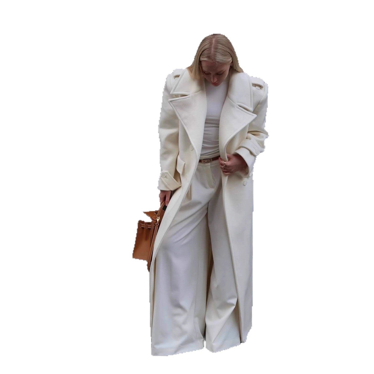 Women's Maxi Tailored Wool Blend Coat with Wrap Belt and Generous Lapel Collar Chichicherry - Chichicherry
