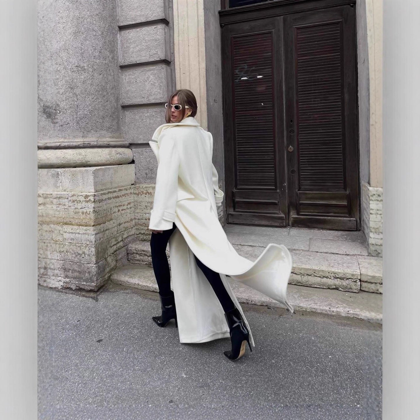 Women's Maxi Tailored Wool Blend Coat with Wrap Belt and Generous Lapel Collar Chichicherry - Chichicherry