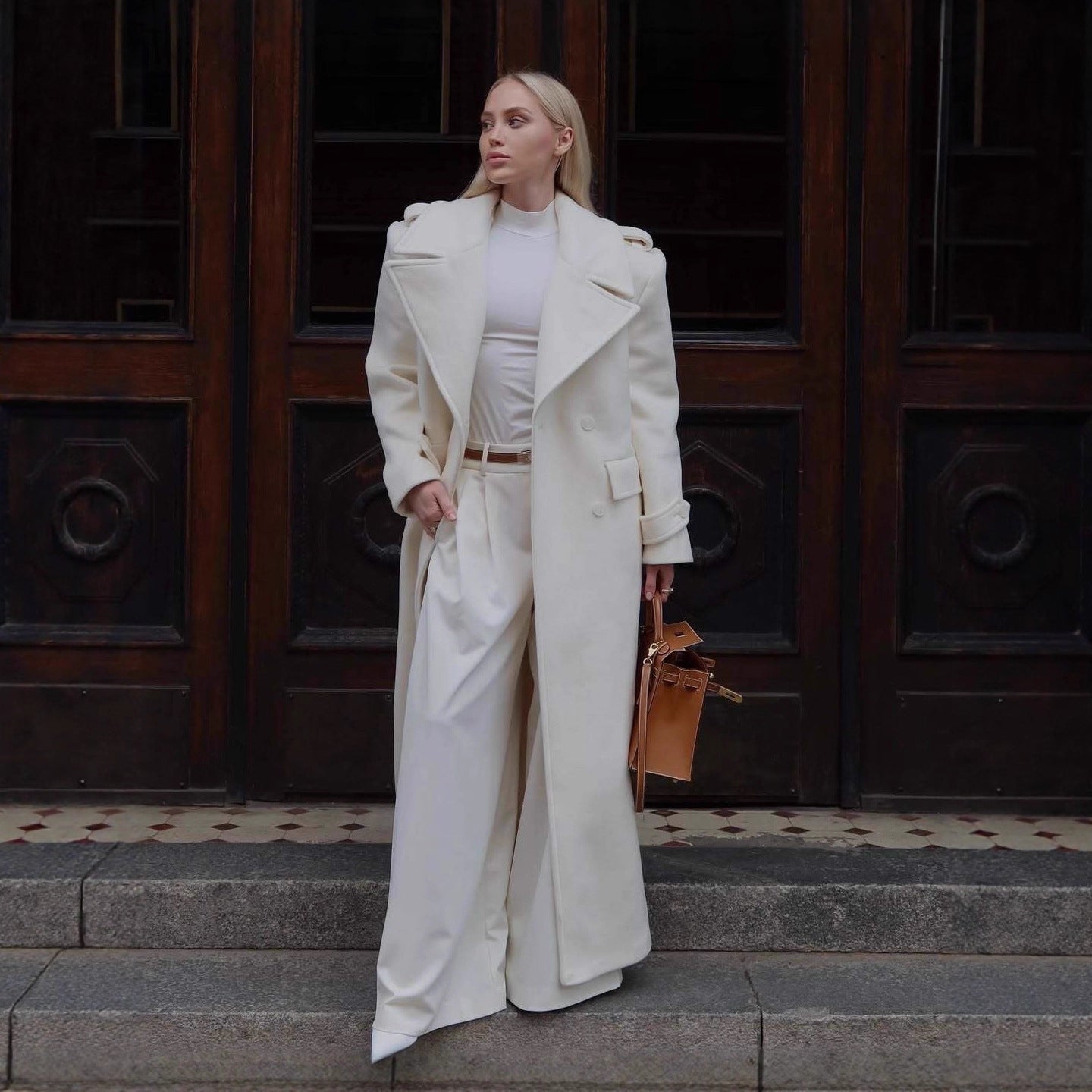Women's Maxi Tailored Wool Blend Coat with Wrap Belt and Generous Lapel Collar Chichicherry - Chichicherry