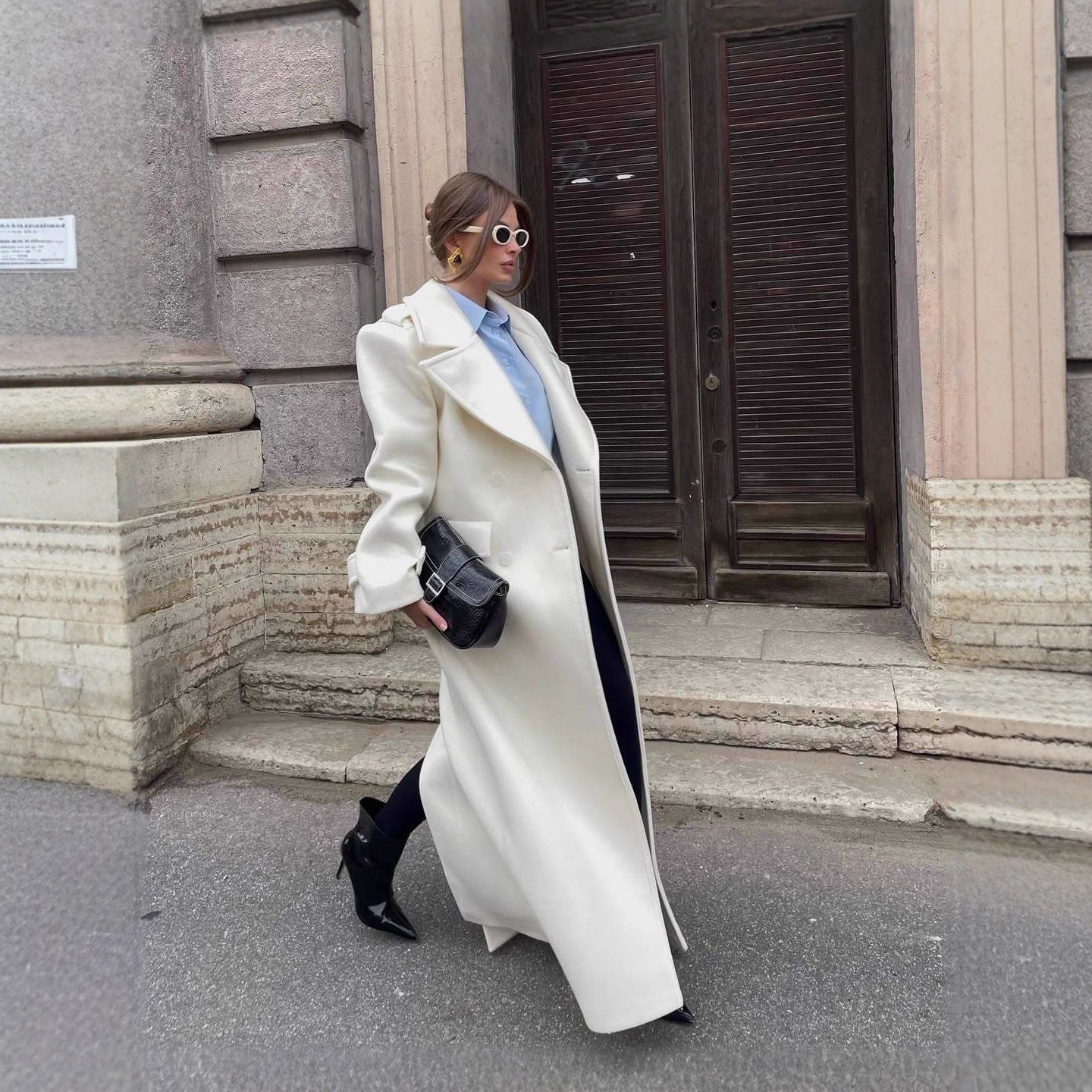 Women's Maxi Tailored Wool Blend Coat with Wrap Belt and Generous Lapel Collar Chichicherry - Chichicherry
