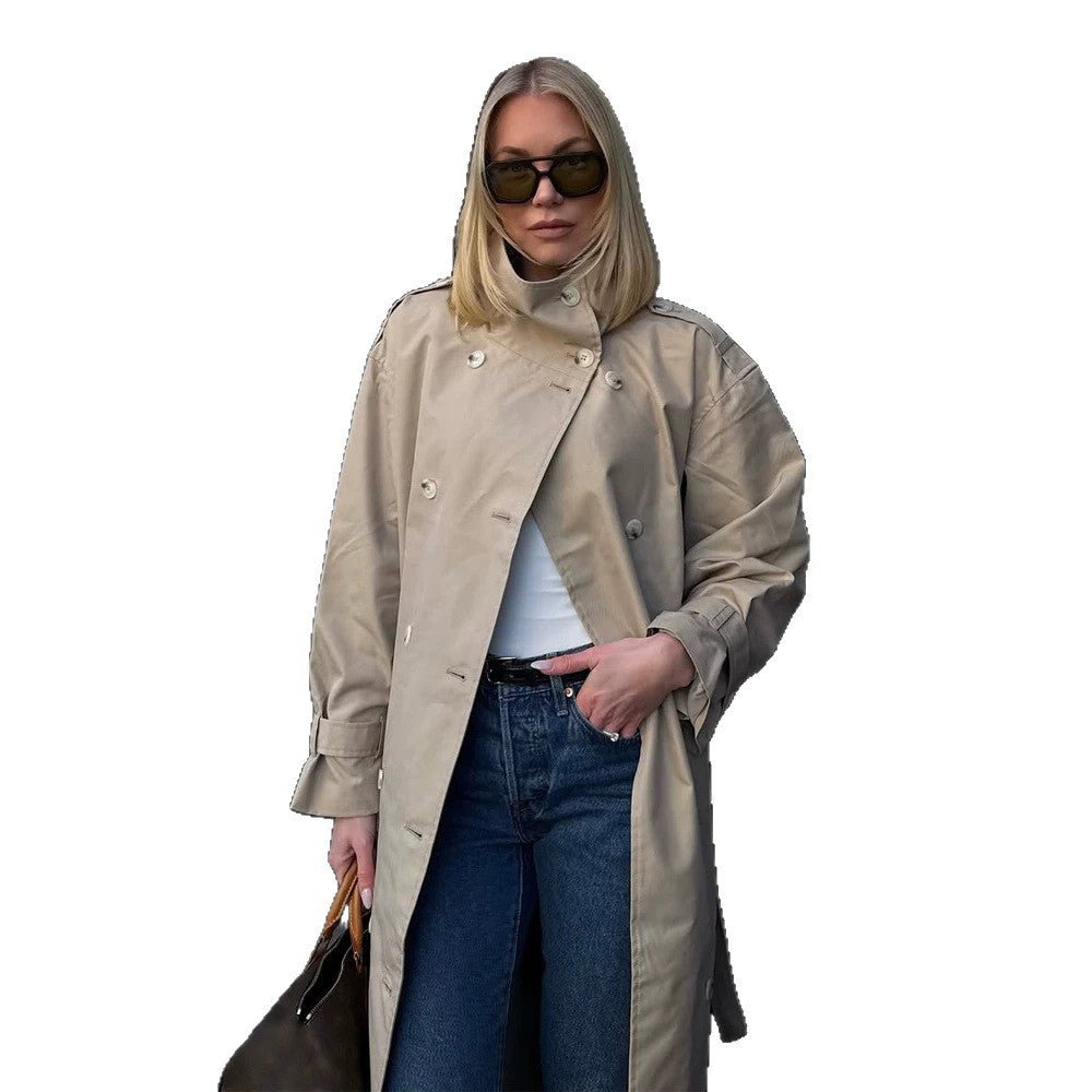 Women’s maxi trench coat with high stand-up collar, double-breasted button placket & waist belt Chichicherry - Chichicherry