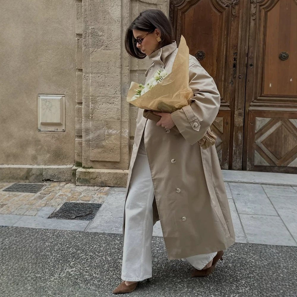 Women’s maxi trench coat with high stand-up collar, double-breasted button placket & waist belt Chichicherry - Chichicherry