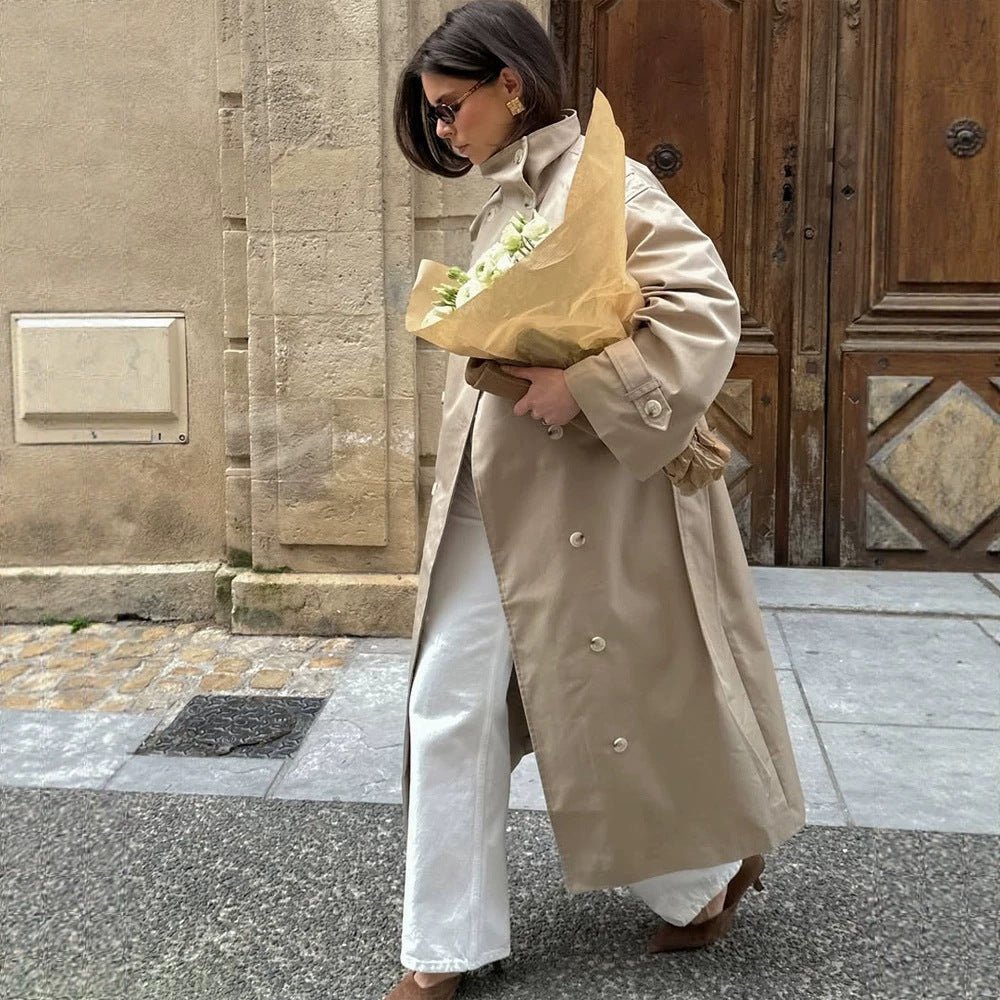 Women’s maxi trench coat with high stand-up collar, double-breasted button placket & waist belt Chichicherry - Chichicherry