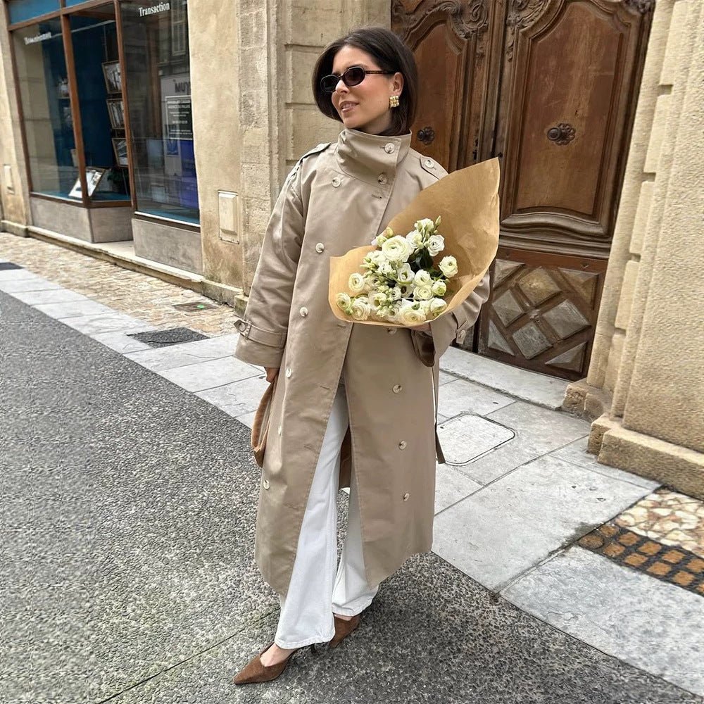 Women’s maxi trench coat with high stand-up collar, double-breasted button placket & waist belt Chichicherry - Chichicherry