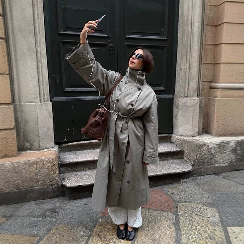 Women’s maxi trench coat with high stand-up collar, double-breasted button placket & waist belt Chichicherry - Chichicherry
