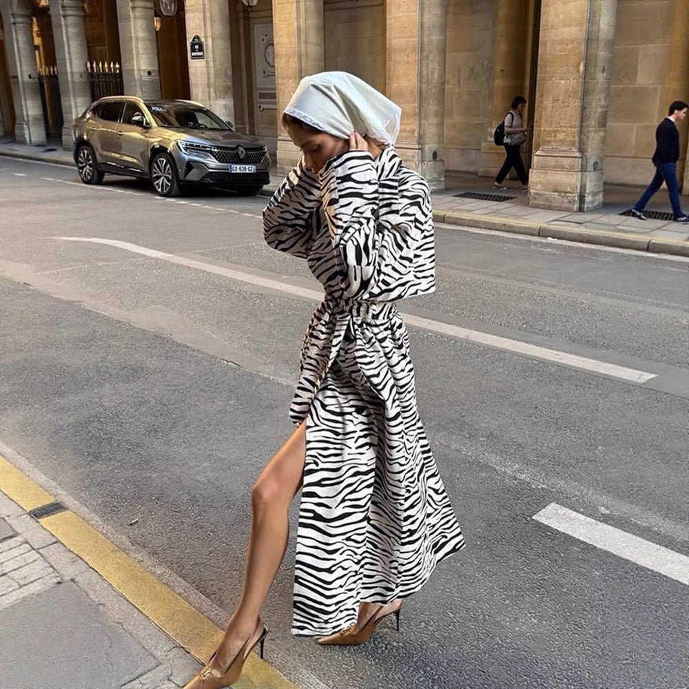 Women's Maxilength Trench Coat in Animal Print with Voluminous Shawl Collar, Tied Belt and Boxy Silhouette Chichicherry - Chichicherry