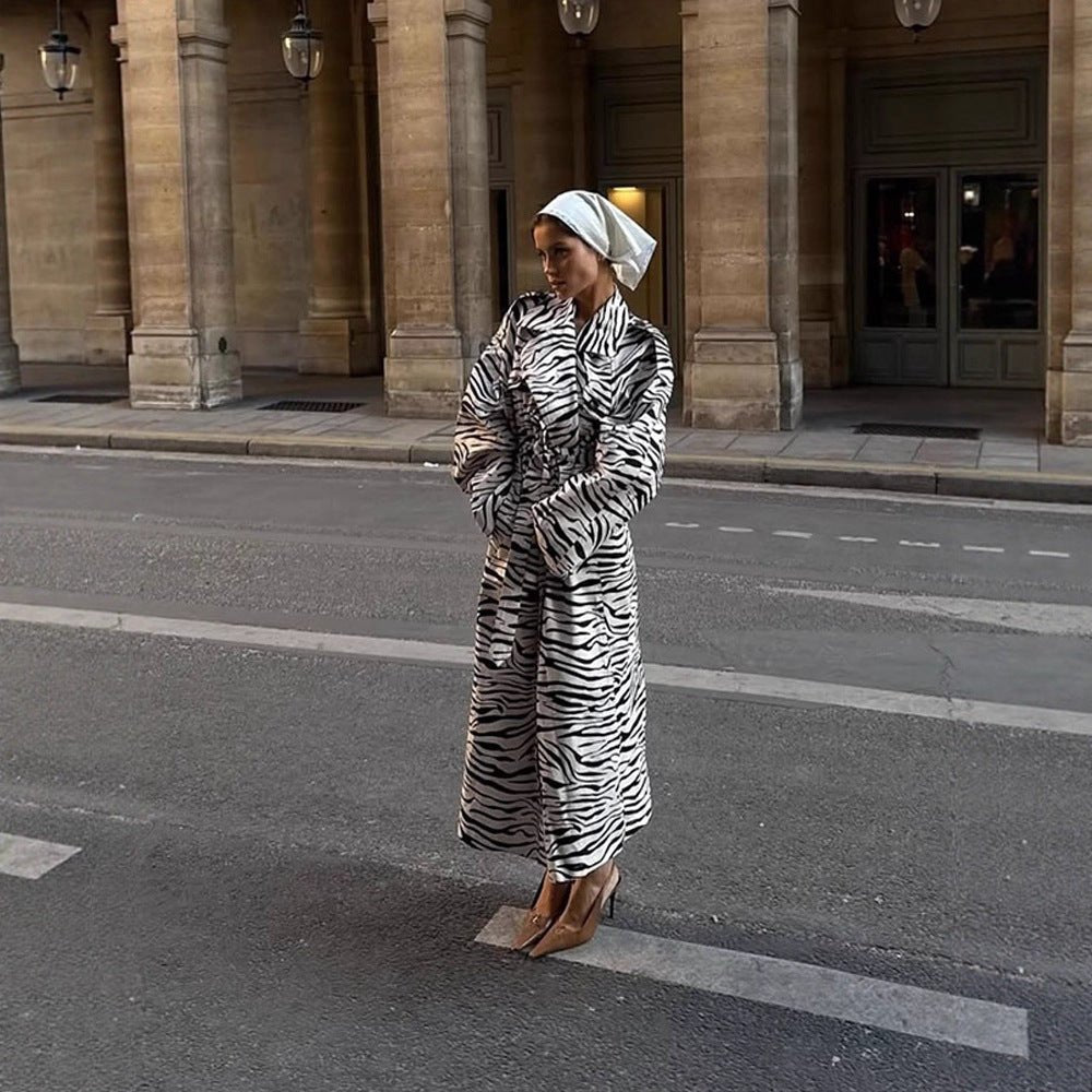 Women's Maxilength Trench Coat in Animal Print with Voluminous Shawl Collar, Tied Belt and Boxy Silhouette Chichicherry - Chichicherry