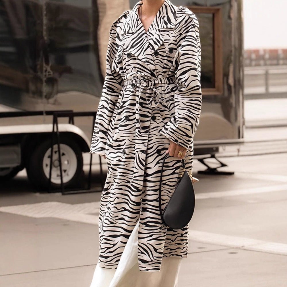 Women's Maxilength Trench Coat in Animal Print with Voluminous Shawl Collar, Tied Belt and Boxy Silhouette Chichicherry - Chichicherry