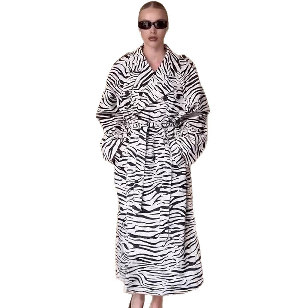 Women's Maxilength Trench Coat in Animal Print with Voluminous Shawl Collar, Tied Belt and Boxy Silhouette Chichicherry - Chichicherry