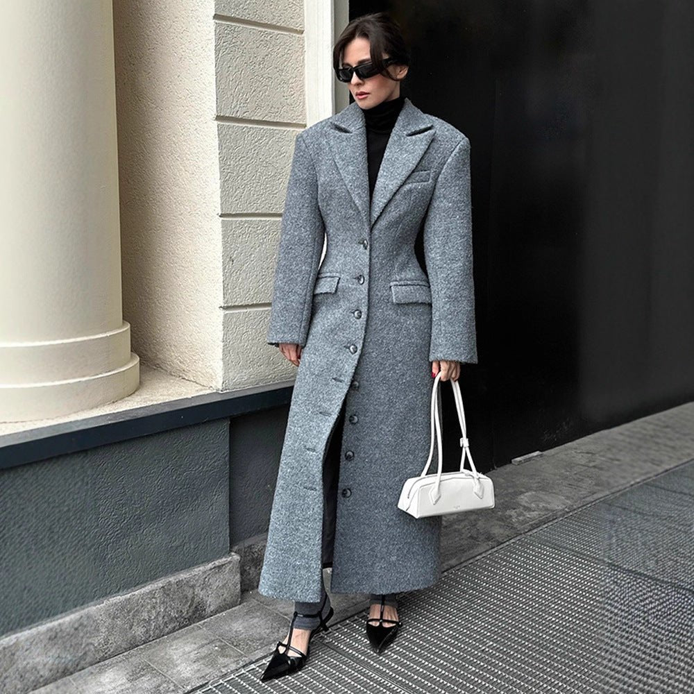 Women's Maxilength Wool Blend Coat with Tailored Cut and Button Placket Chichicherry - Chichicherry