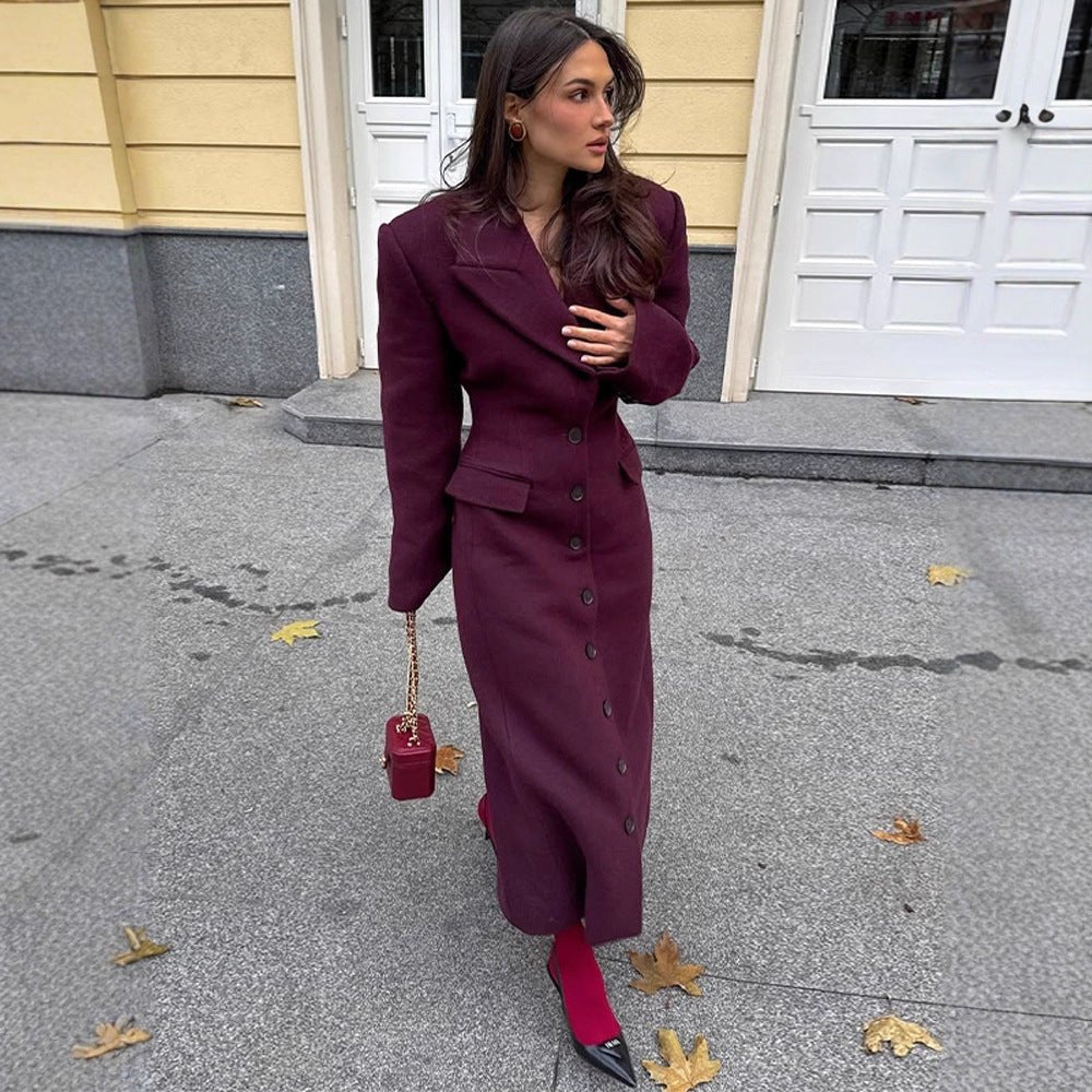 Women's Maxilength Wool Blend Coat with Tailored Cut and Button Placket Chichicherry - Chichicherry