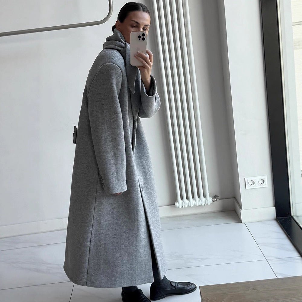 Women's Mid-length Wool Blend Coat with Integrated Loop Scarf Chichicherry - Chichicherry