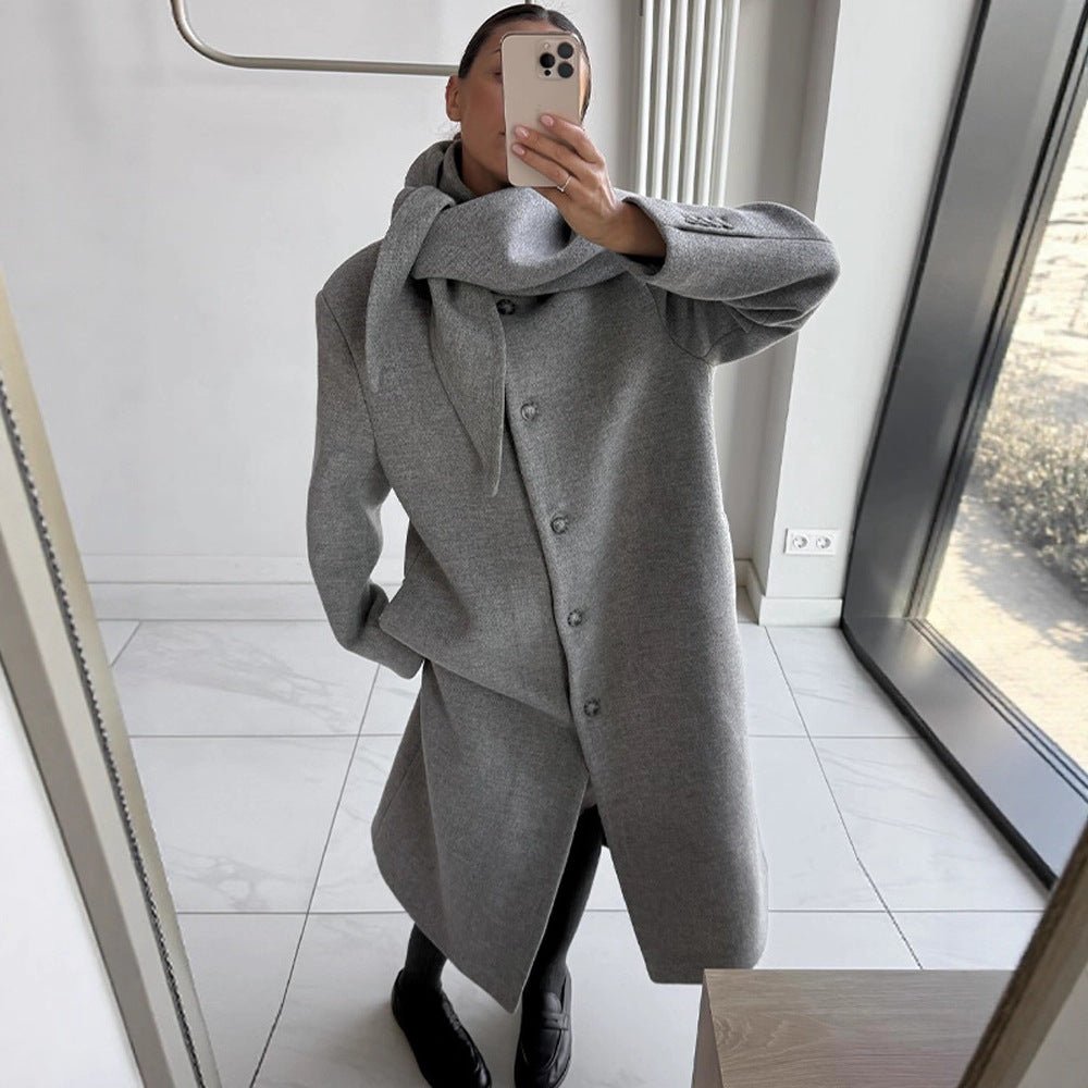 Women's Mid-length Wool Blend Coat with Integrated Loop Scarf Chichicherry - Chichicherry