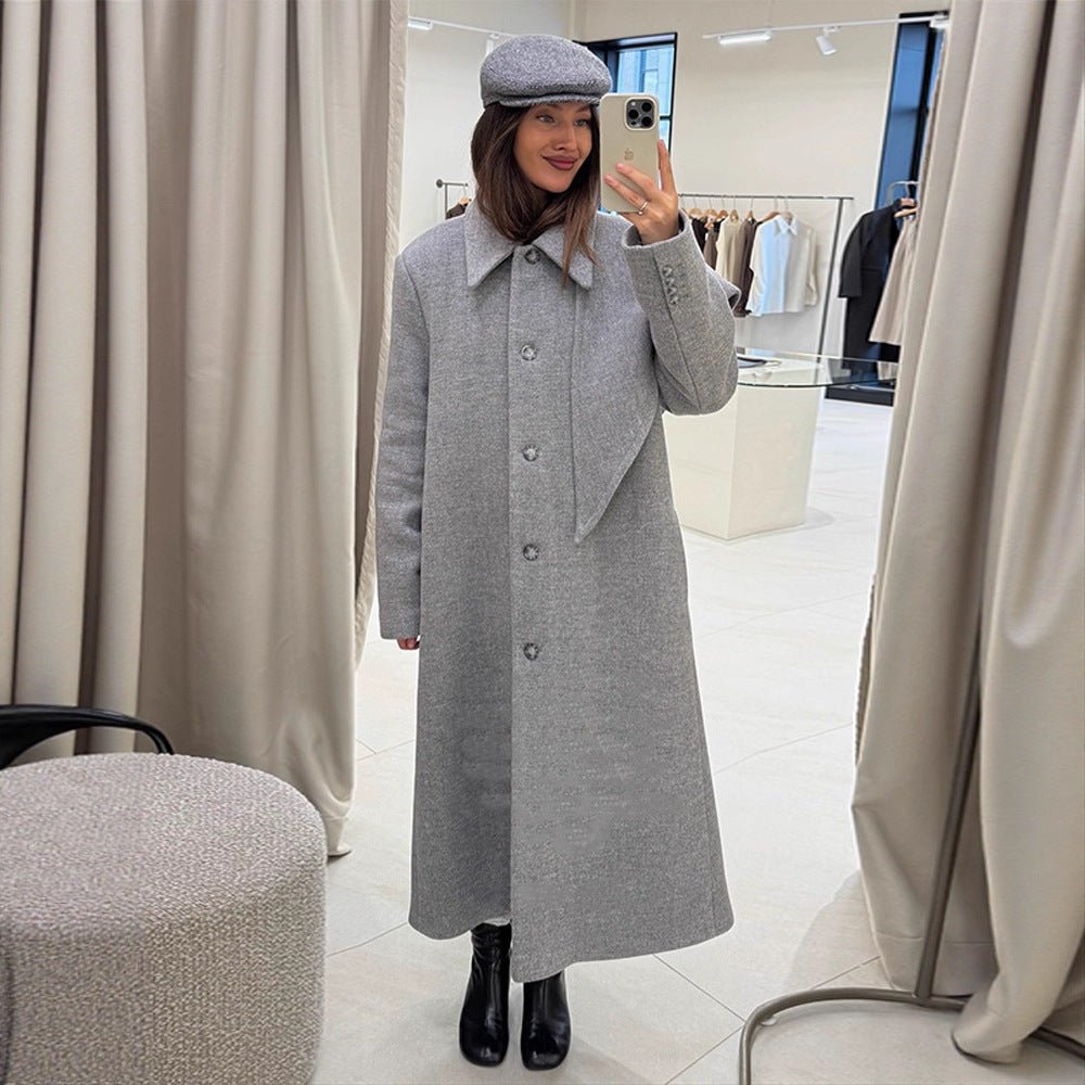 Women's Mid-length Wool Blend Coat with Integrated Loop Scarf Chichicherry - Chichicherry