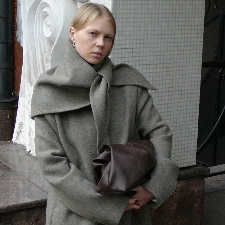 Women's Mid-length Wool Blend Coat with Integrated Loop Scarf Chichicherry - Chichicherry