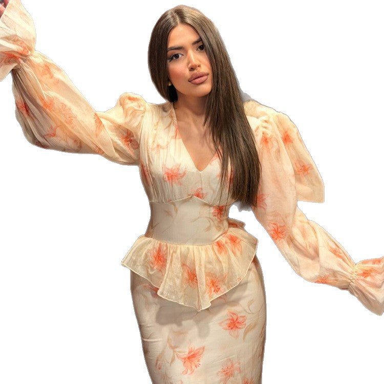 Women’s midaxi dress with peplum, V-neck and voluminous puff sleeves Chichicherry - Chichicherry