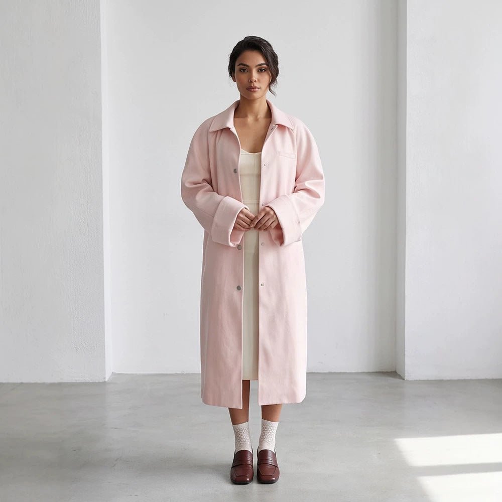 Women's midi coat made of wool blend with dropped shoulders and concealed snap button placket Chichicherry - Chichicherry