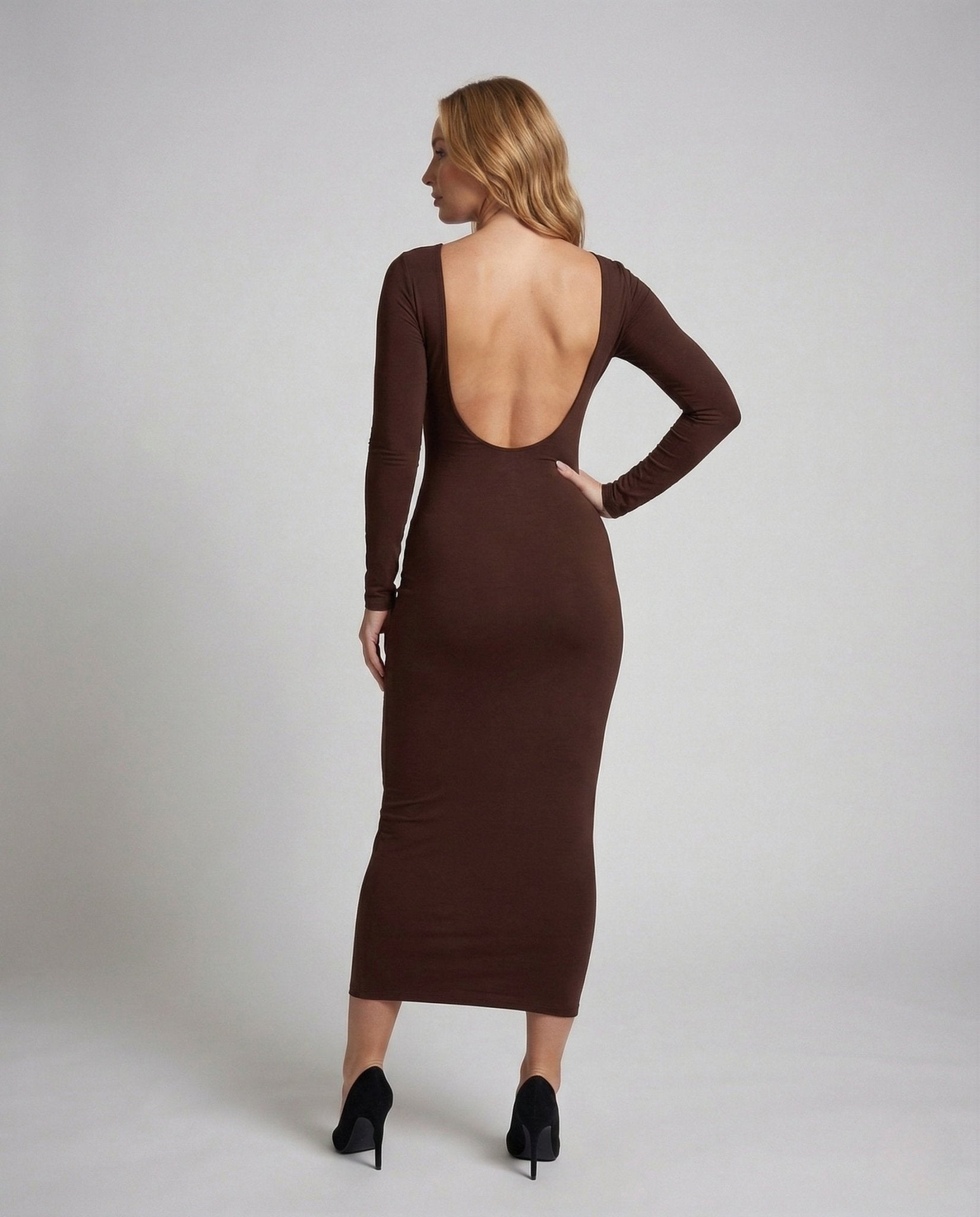 Women's Midi Dress Bodycon U Back Long Sleeve - Chichicherry