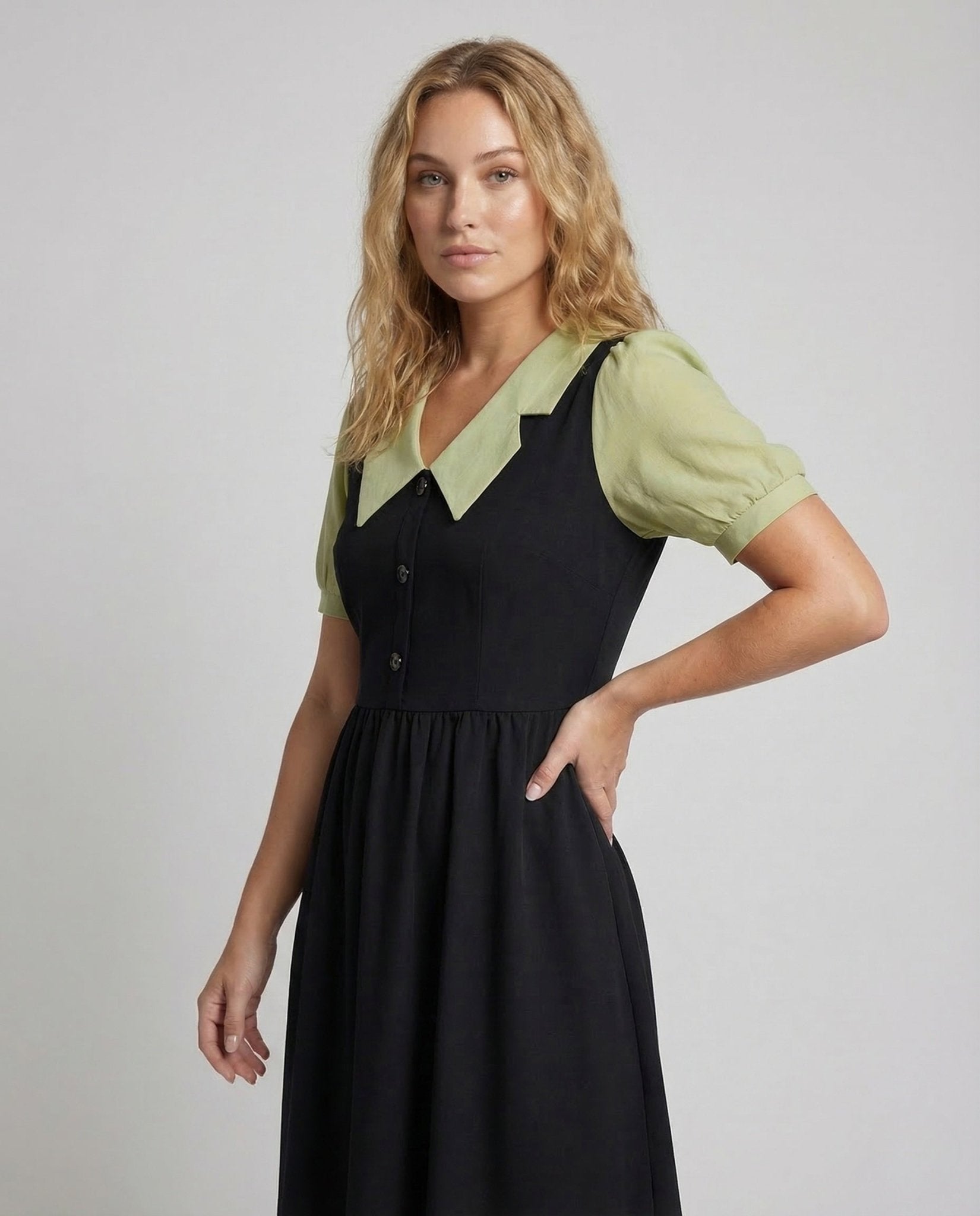 Women's Midi Dress Notched Collar Puff Sleeves - Chichicherry